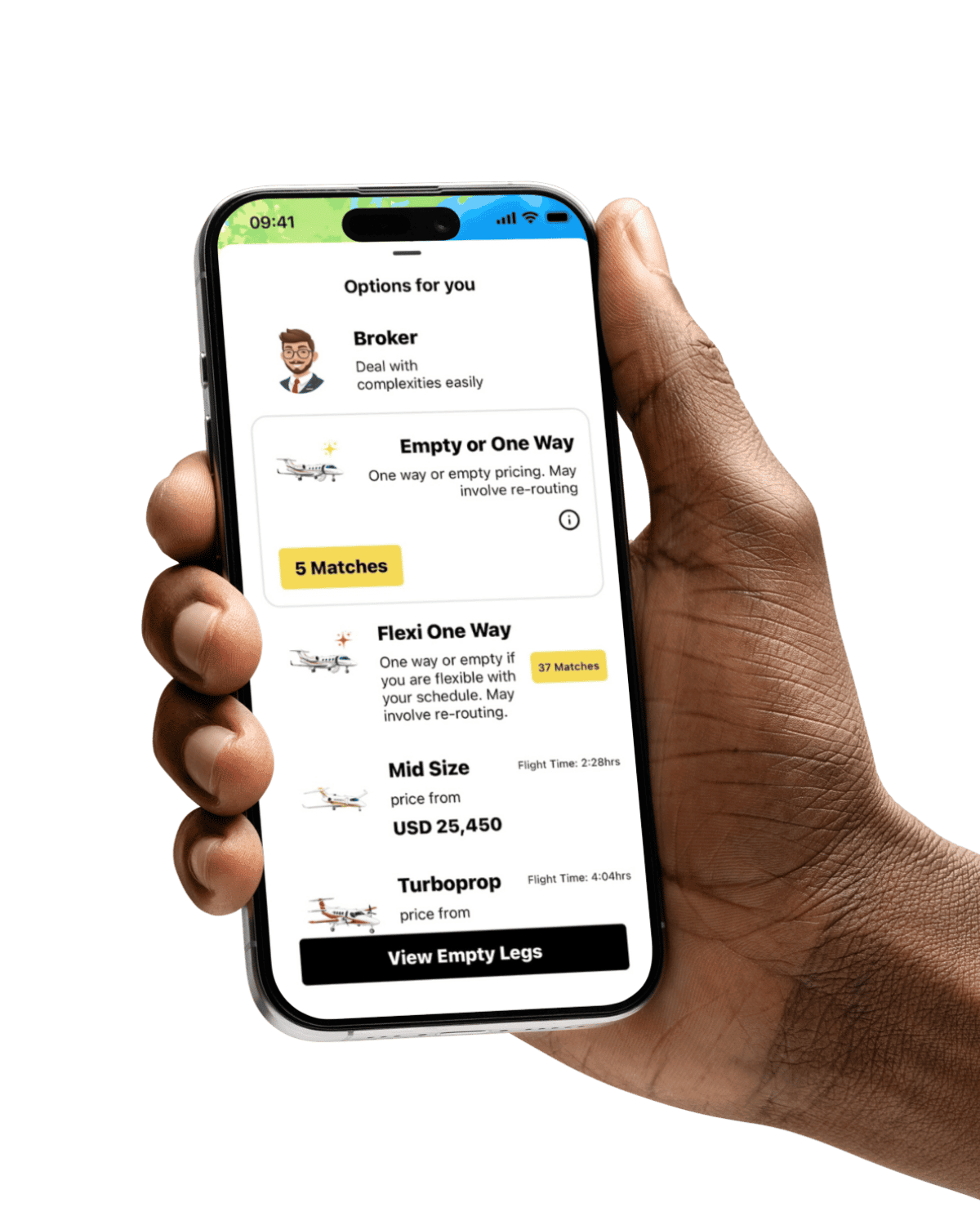Search results of easy charter app with all options on one screen