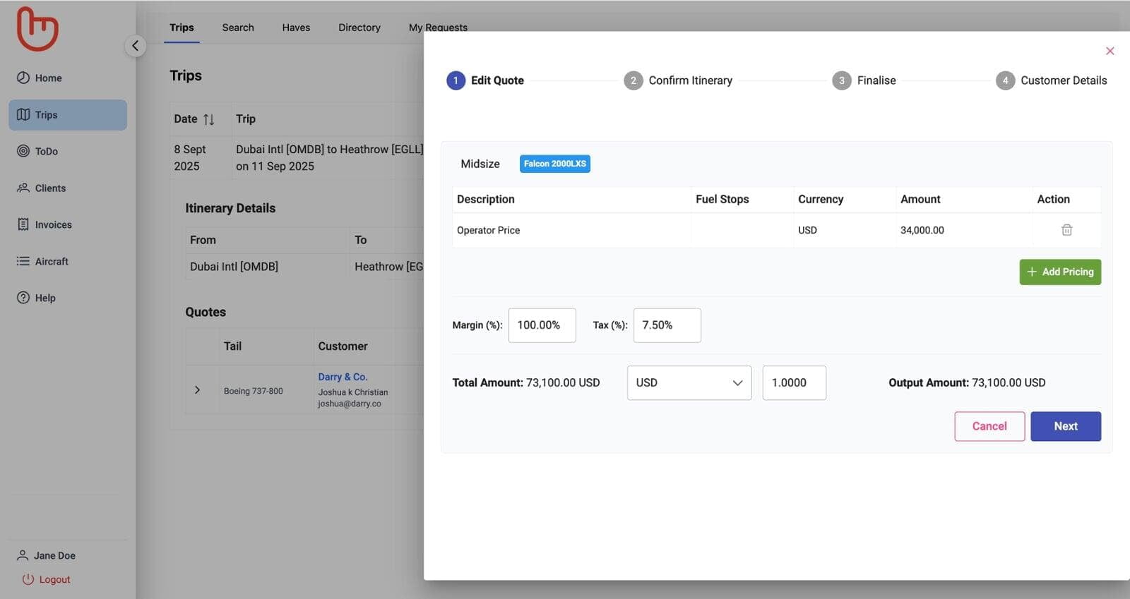 screenshot of quoting process in single point