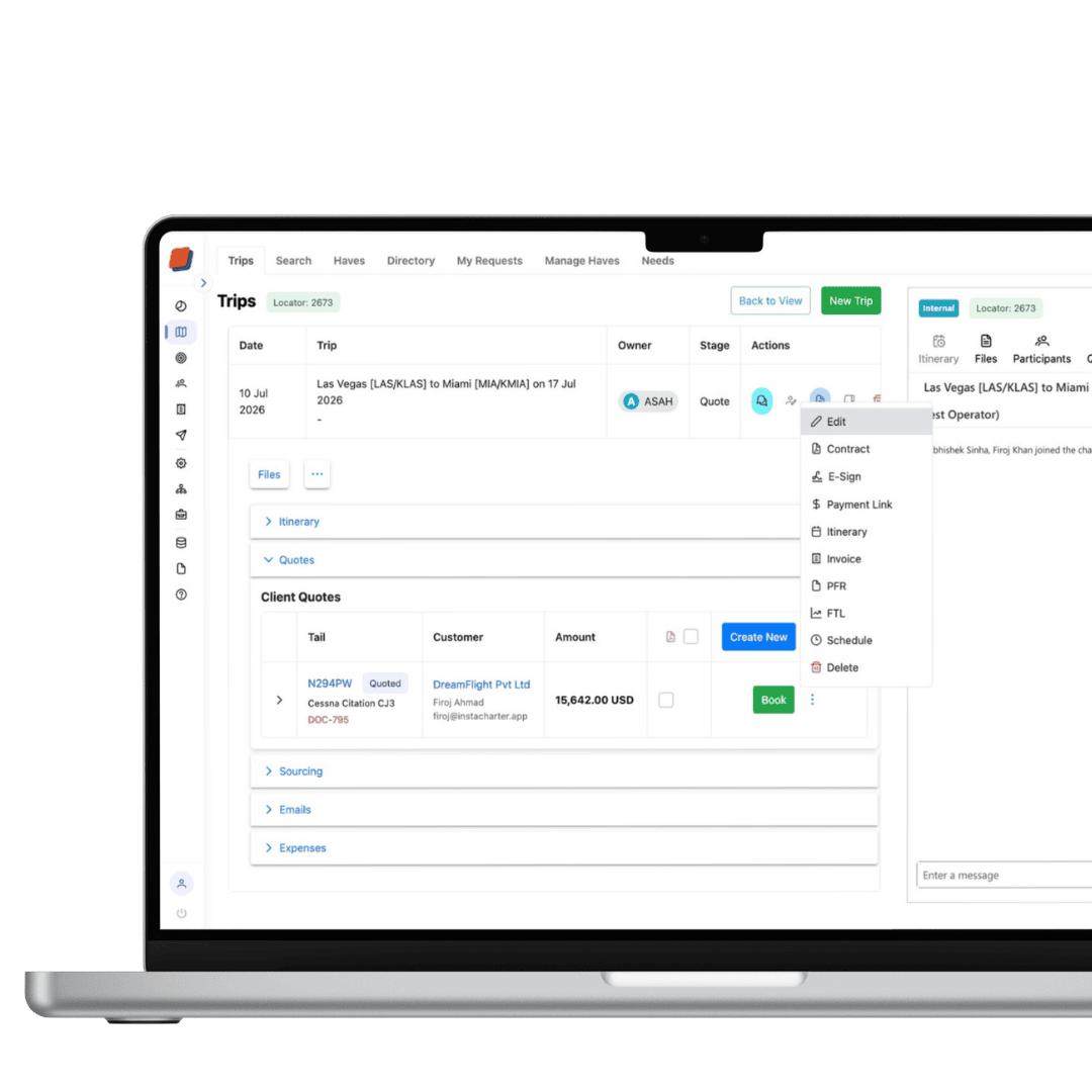 screenshot of single point trip management workspace with laid out tabs of quotes, flight briefs, contracts and a chat window.